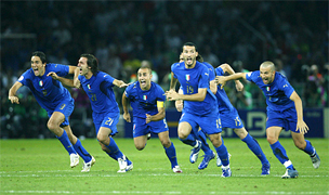 ITALY FOOTBALL SOCCER WORLD CHAMPIONS... For only the second time in World Cup history, the final was settled on a penalty shootout. Fabio Grosso, the goal hero in the semifinal against Germany, scored the winning penalty for four-time champions Italy... Materazzi had been busy at both ends of the field. The Italian defender conceded a penalty and scored a goal in the first half to even the match against France at 1-1 in the World Cup final